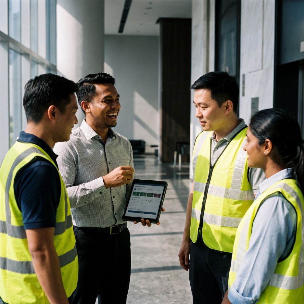 Facilities team reviewing work orders on a tablet on site